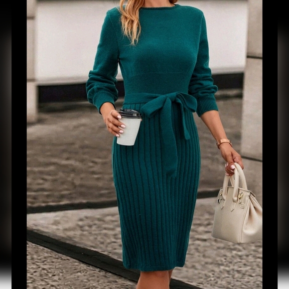Solid Ribbed Knit Belted Sweater Dress - Picture 4 of 6